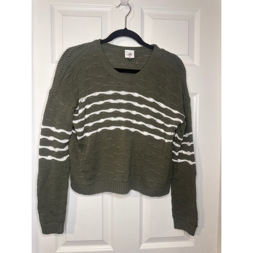 Cabi Olive Green White Striped Open Knit Sweater Womens XS Long Sleeve Pullover